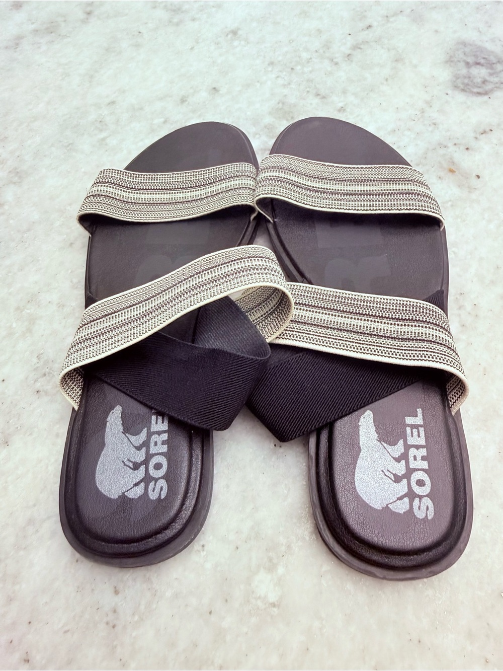 Sorel Men’s Black Slide Sandals with Beige Straps